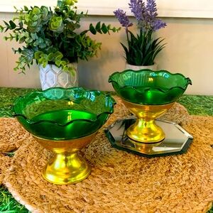 Heller-Hostess Ware “Colorama”, green and gold dessert cups, set of 2, EUC